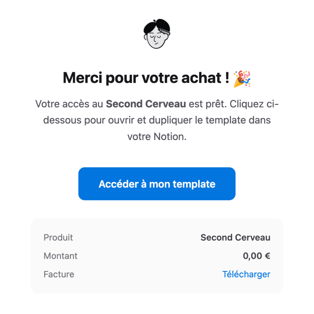 Page de confirmation sur le site avec le bouton « Accéder à mon template »